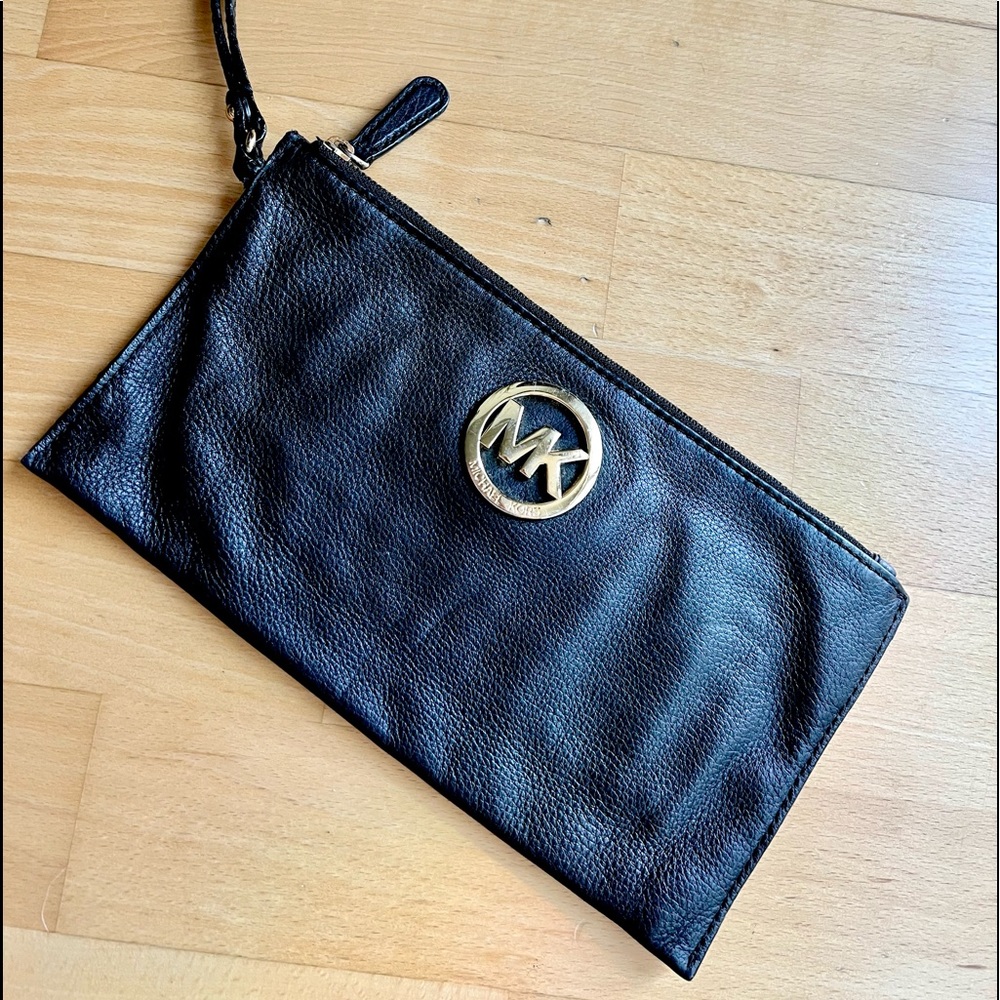 Michael Kors Black Leather Wristlet, Gold MK